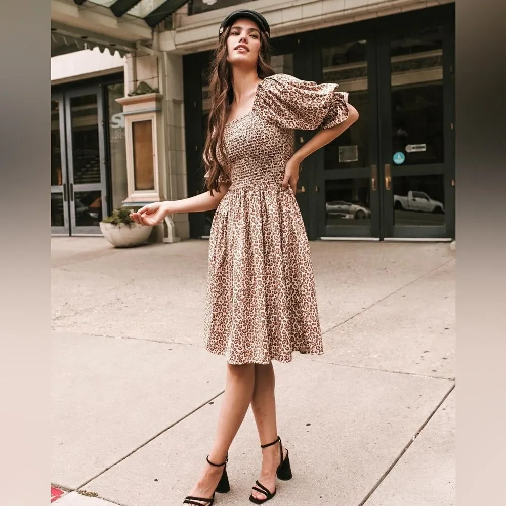 Ivy City Co. Wild One Smocked Boddice Leopard Print Puff Sleeve Velvet Dress